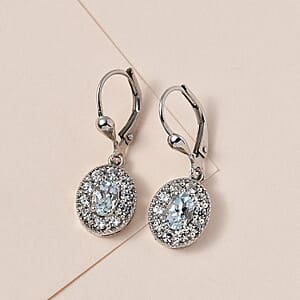 Premium Mangoro Aquamarine and White Zircon Halo Earrings in Platinum Over Sterling Silver 1.85 ctw