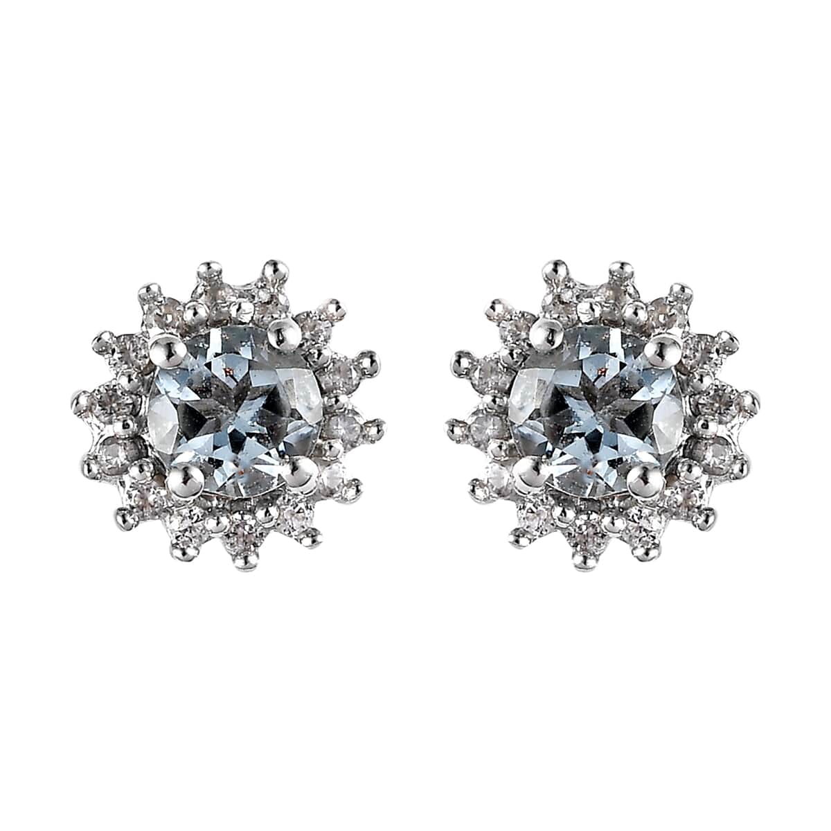 Premium Mangoro Aquamarine and White Zircon Sunburst Stud Earrings in Platinum Over Sterling Silver 1.25 ctw image number 0