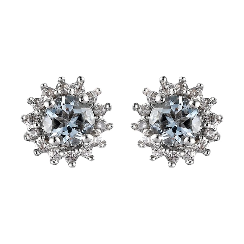 D'Joy Premium Mangoro Aquamarine and White Zircon Sunburst Stud Earrings in Platinum Over Sterling Silver 1.25 ctw