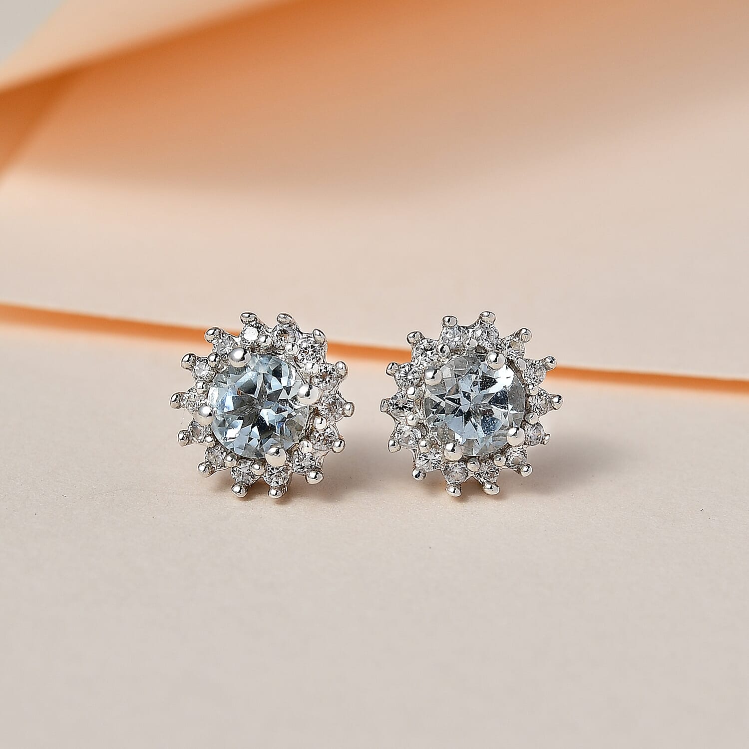 D'Joy Premium Mangoro Aquamarine and White Zircon Sunburst Stud Earrings in Platinum Over Sterling Silver 1.25 ctw