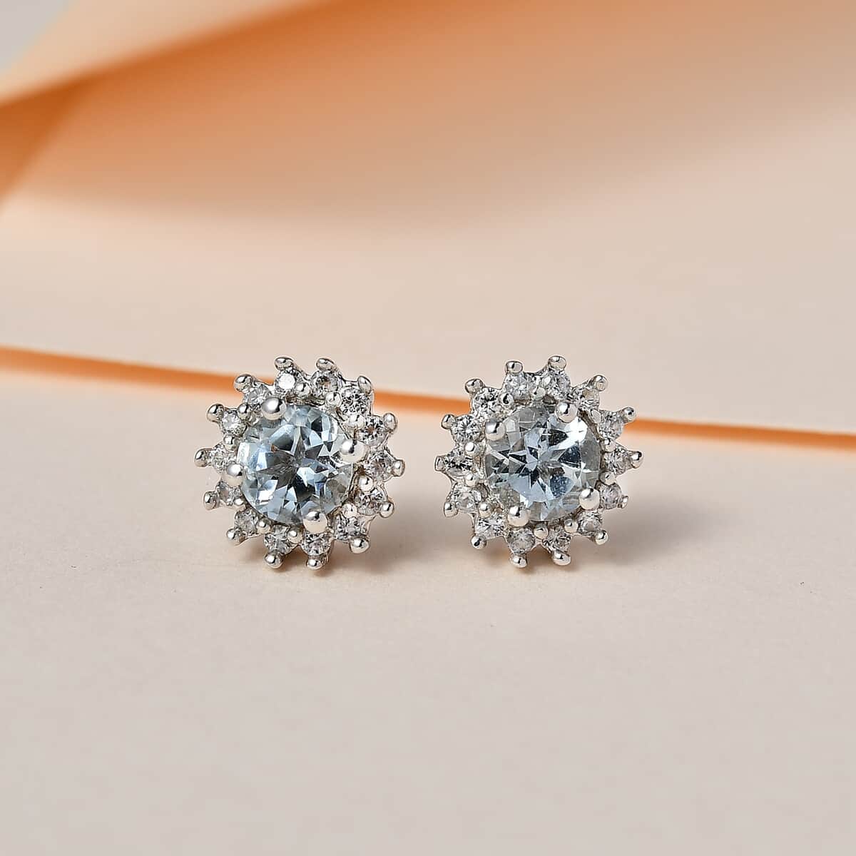 Premium Mangoro Aquamarine and White Zircon Sunburst Stud Earrings in Platinum Over Sterling Silver 1.25 ctw image number 1