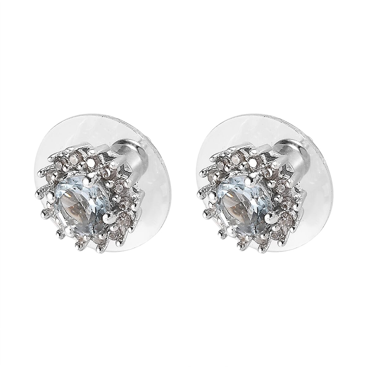D'Joy Premium Mangoro Aquamarine and White Zircon Sunburst Stud Earrings in Platinum Over Sterling Silver 1.25 ctw