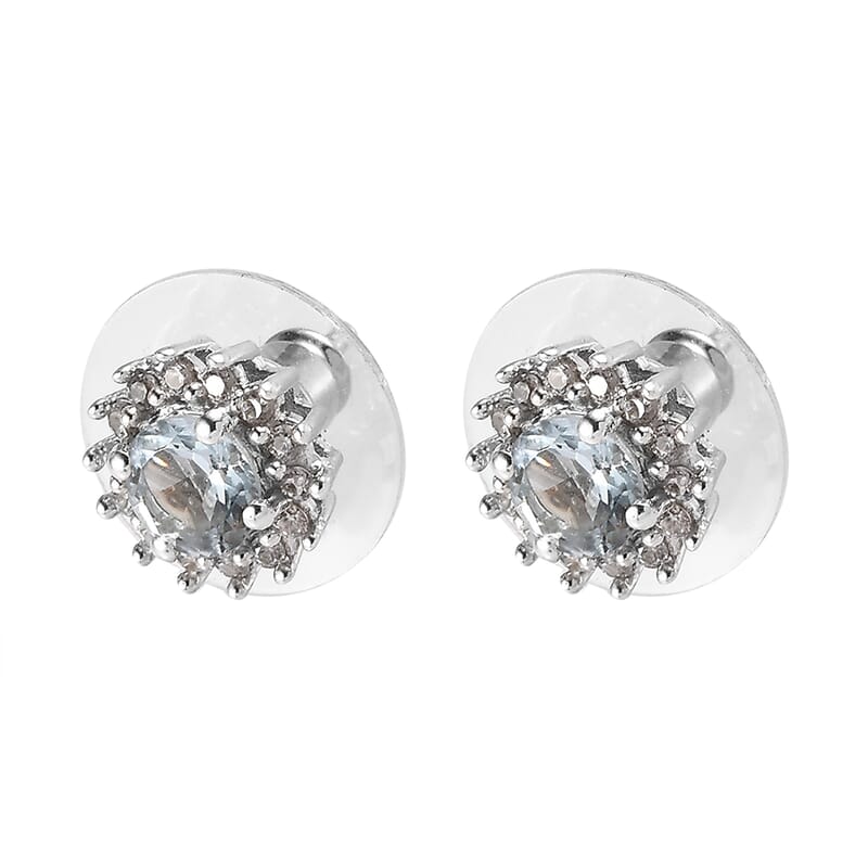 D'Joy Premium Mangoro Aquamarine and White Zircon Sunburst Stud Earrings in Platinum Over Sterling Silver 1.25 ctw