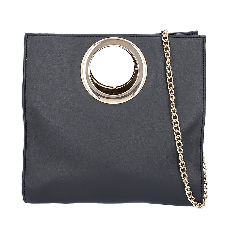 Black Faux Leather Fold Over Clutch with Long Chain Strap