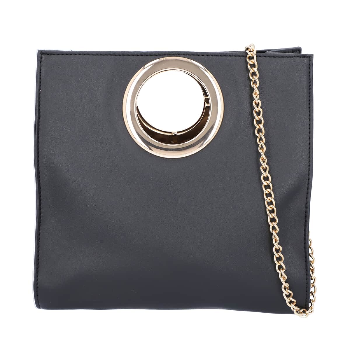 Black Faux Leather Fold Over Clutch with Long Chain Strap image number 0
