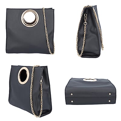 Black Faux Leather Fold Over Clutch with Long Chain Strap