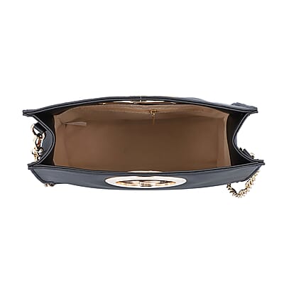 Black Faux Leather Fold Over Clutch with Long Chain Strap