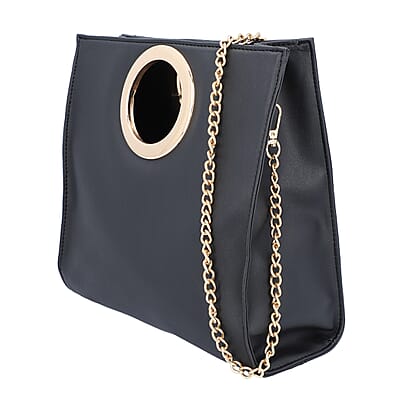 Black Faux Leather Fold Over Clutch with Long Chain Strap