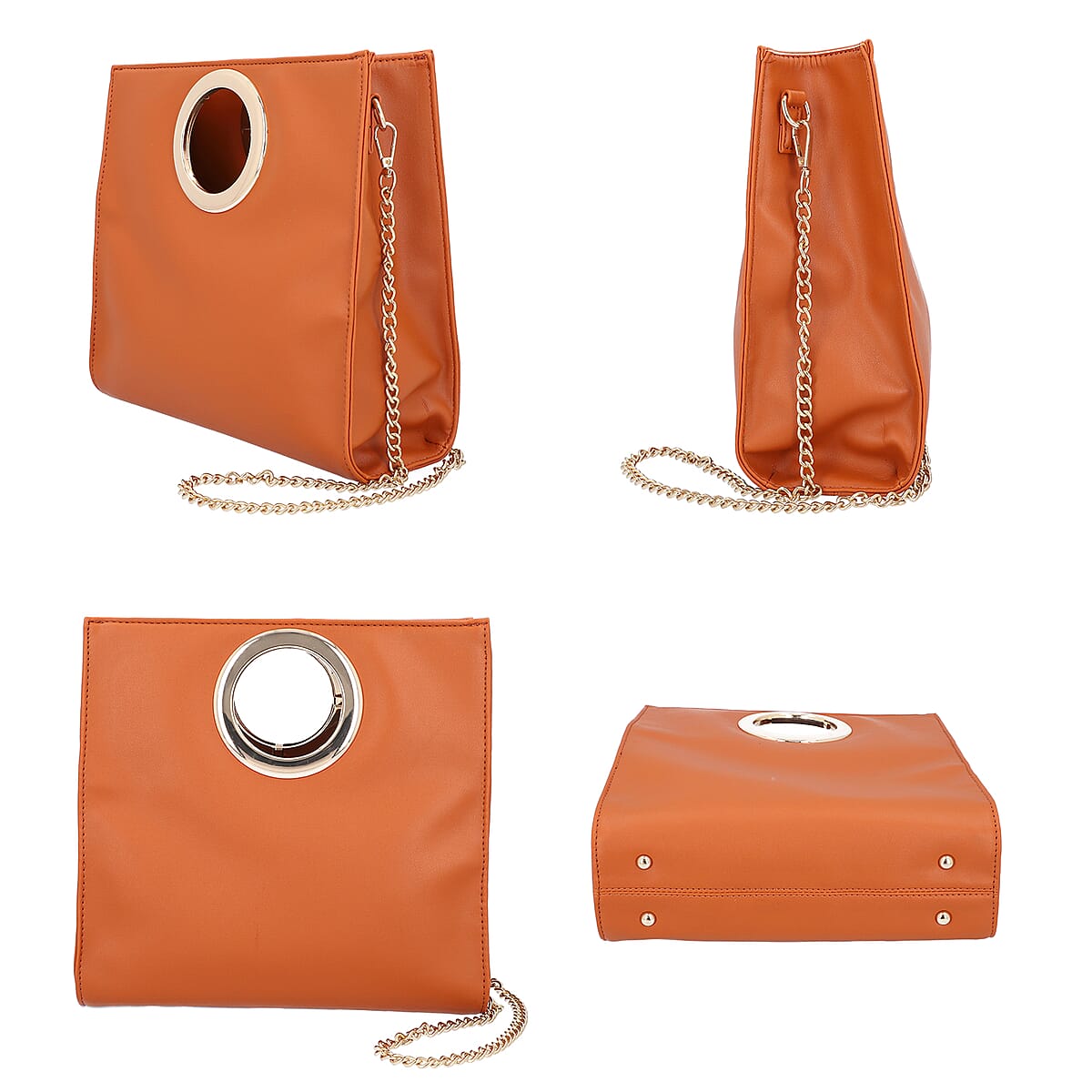 Tan Faux Leather Fold Over Clutch with Long Chain Strap image number 3