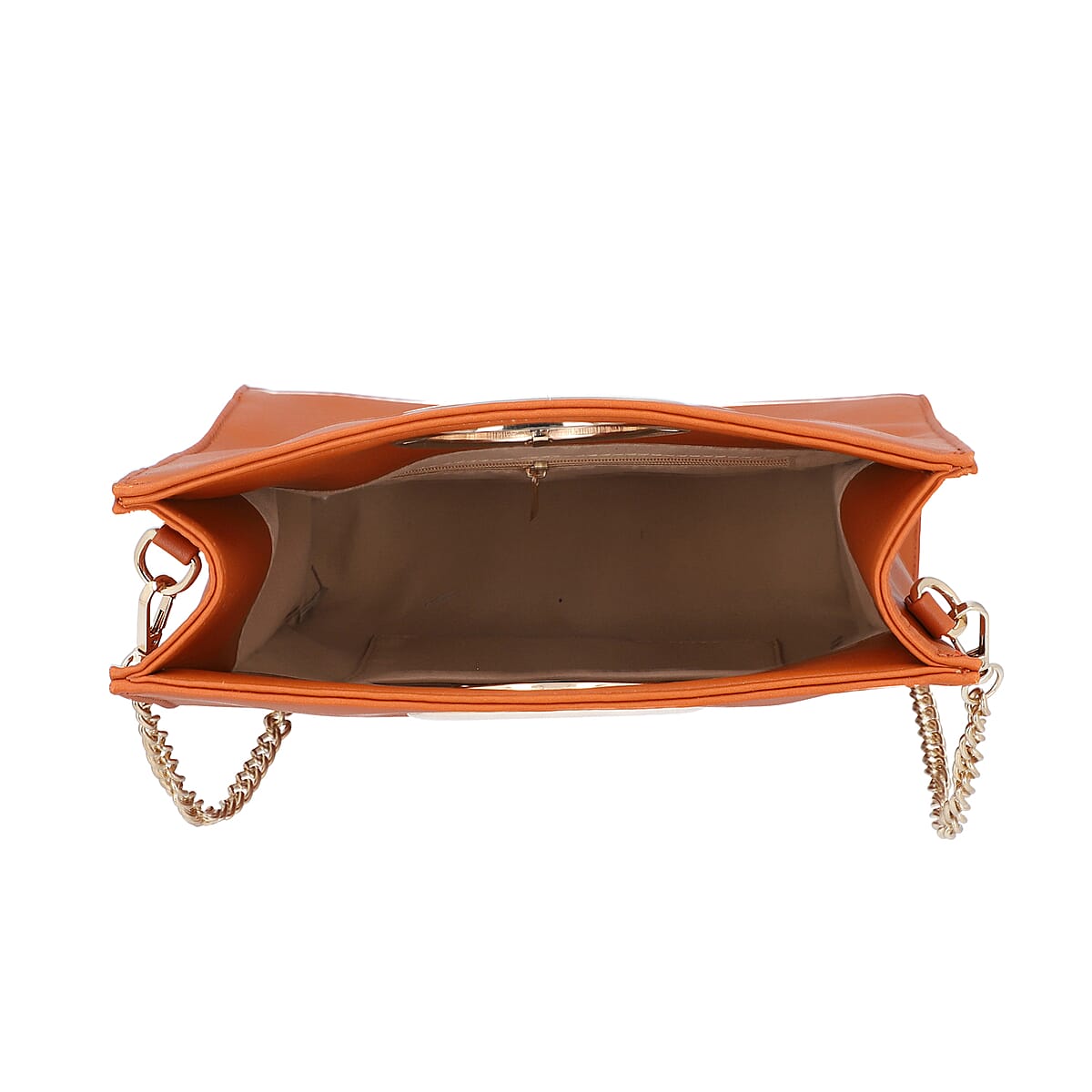 Tan Faux Leather Fold Over Clutch with Long Chain Strap image number 4