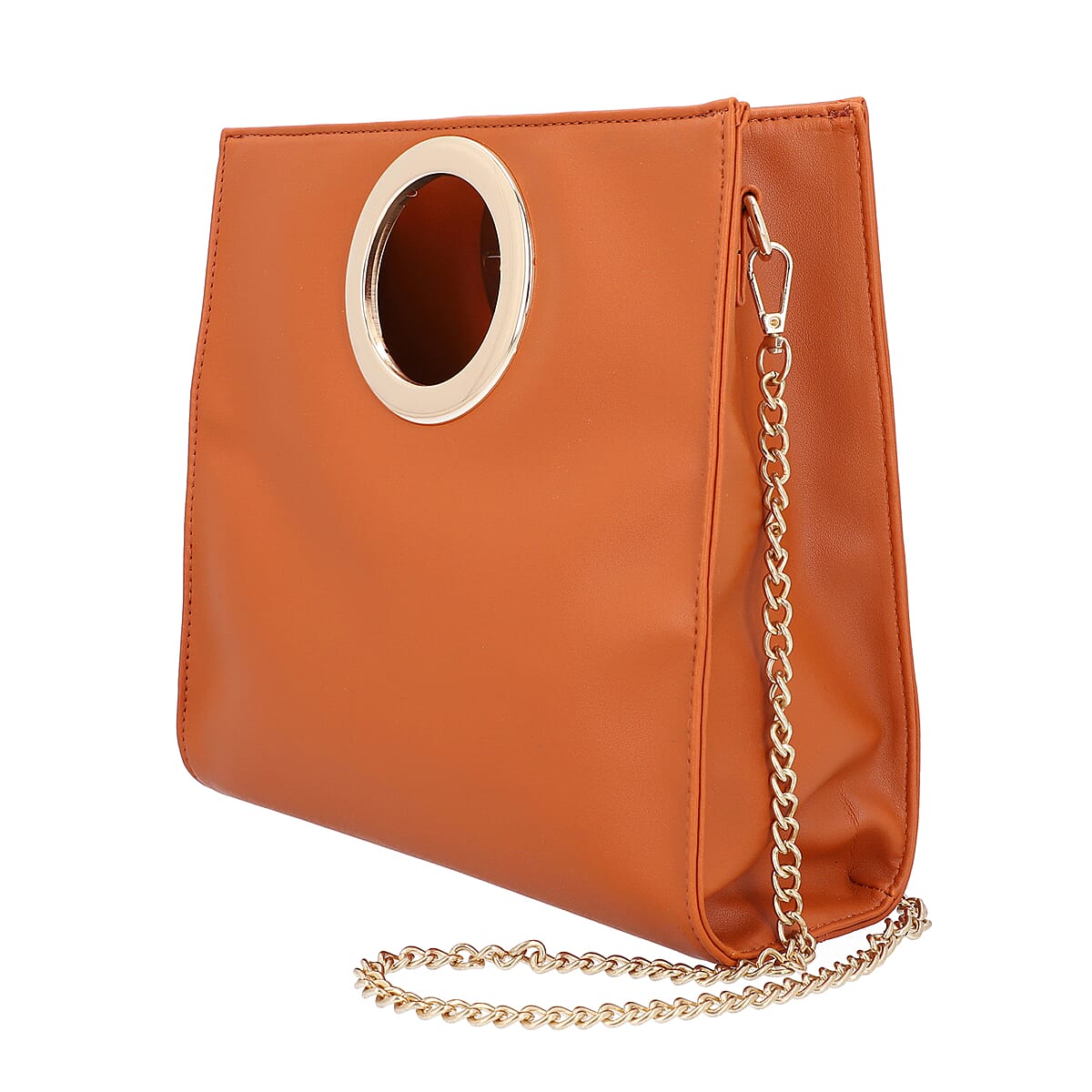 Tan Faux Leather Fold Over Clutch with Long Chain Strap image number 5