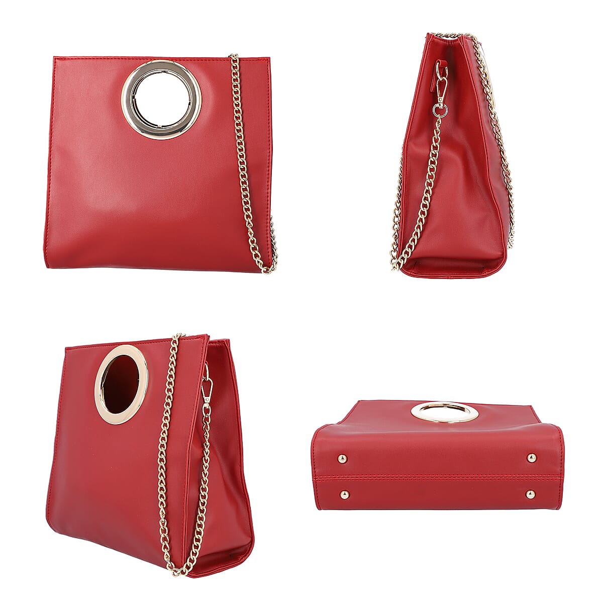 Wine Red Faux Leather Fold Over Clutch with Long Chain Strap image number 3