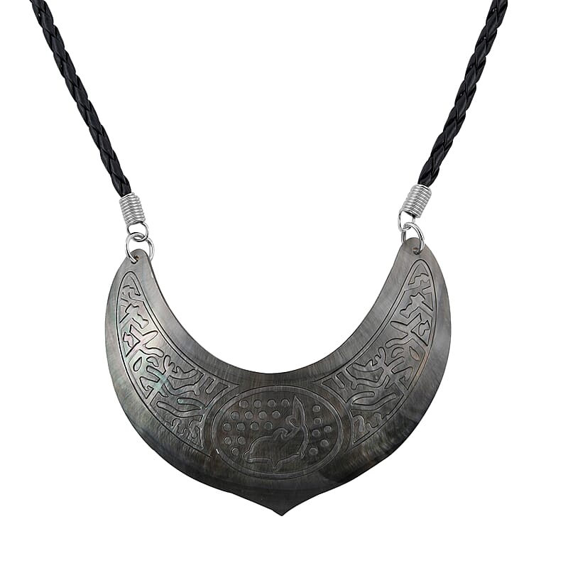 Brown Shell Dolphin Carving and Black Suede String Necklace 26 Inches