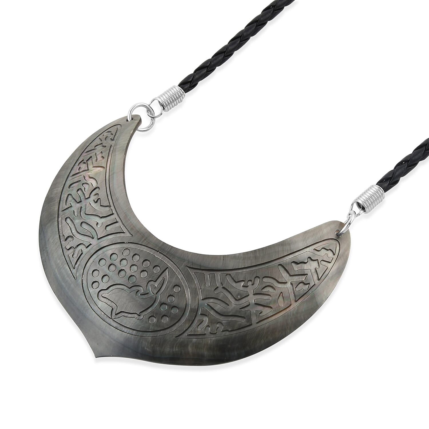 Brown Shell Dolphin Carving and Black Suede String Necklace 26 Inches