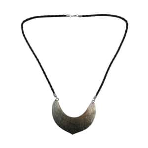 Brown Shell Flower Carving and Black Suede String Necklace 26 Inches