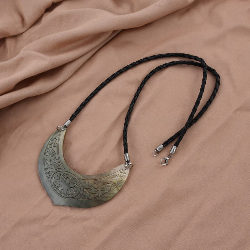 Brown Shell Flower Carving and Black Suede String Necklace 26 Inches