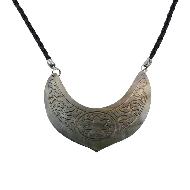 Brown Shell Flower Carving and Black Suede String Necklace 26 Inches