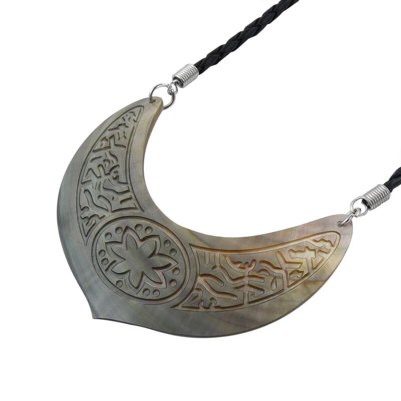 Brown Shell Flower Carving and Black Suede String Necklace 26 Inches