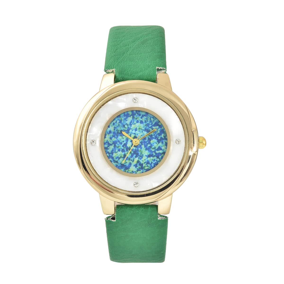GENOA Austrian Crystal Miyota Japanese Movement MOP Dial Watch with Green Faux Leather Strap image number 0