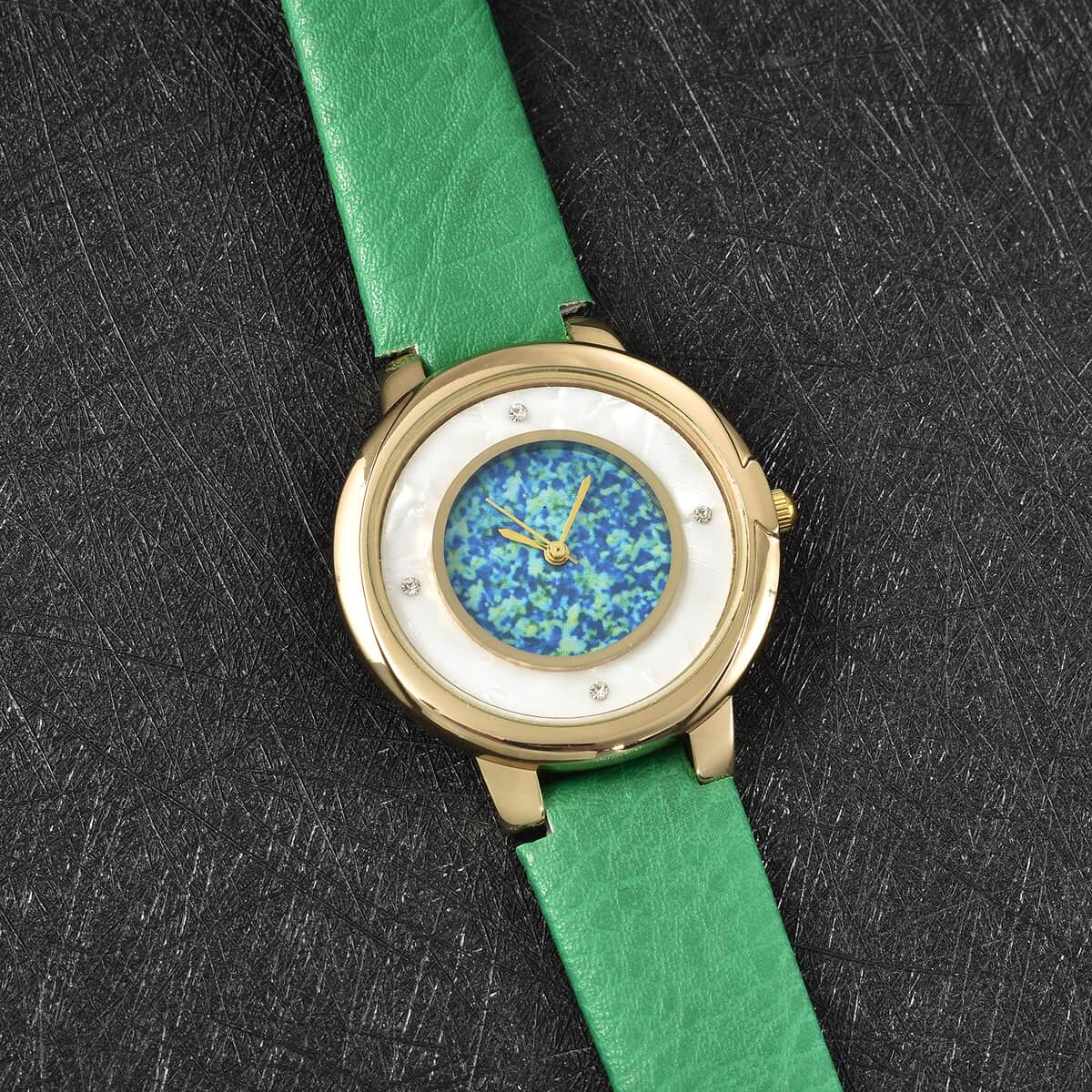 GENOA Austrian Crystal Miyota Japanese Movement MOP Dial Watch with Green Faux Leather Strap image number 1