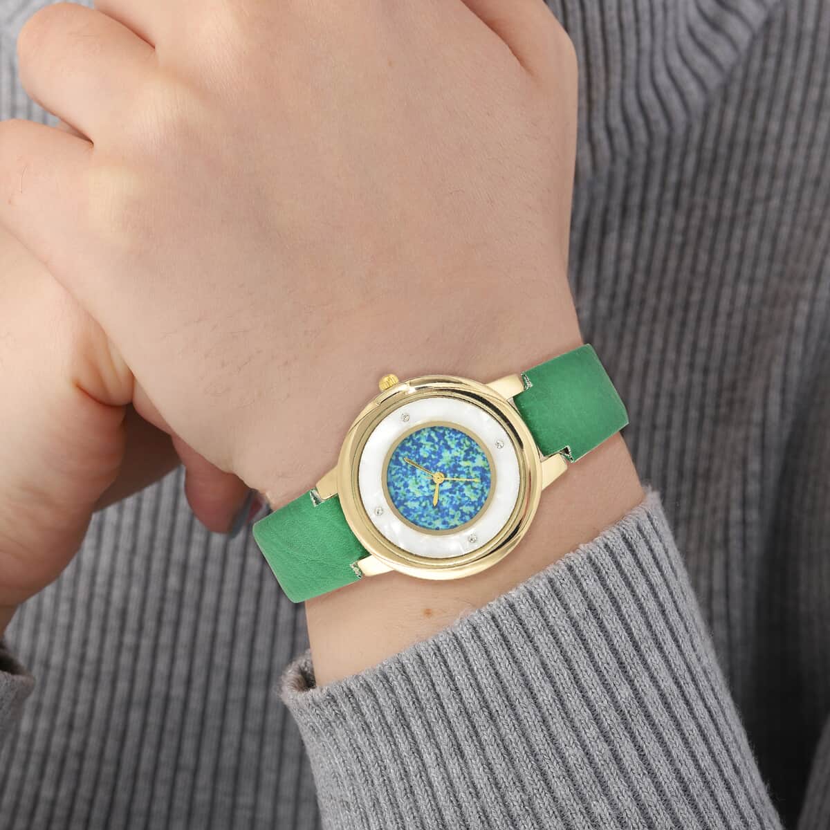 Genoa Austrian Crystal Miyota Japanese Movement Watch with Simulated Opal Dial and Green Vegan Leather Strap image number 2