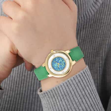 GENOA Austrian Crystal Miyota Japanese Movement MOP Dial Watch with Green Faux Leather Strap image number 2