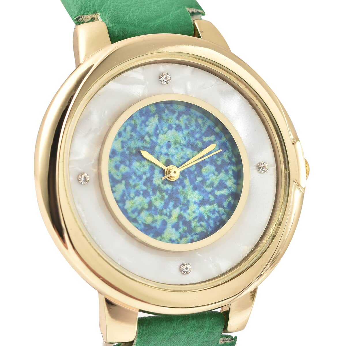 Genoa Austrian Crystal Miyota Japanese Movement Watch with Simulated Opal Dial and Green Vegan Leather Strap image number 3