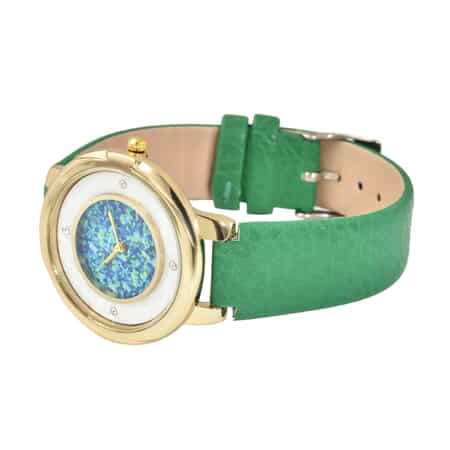 GENOA Austrian Crystal Miyota Japanese Movement MOP Dial Watch with Green Faux Leather Strap image number 4