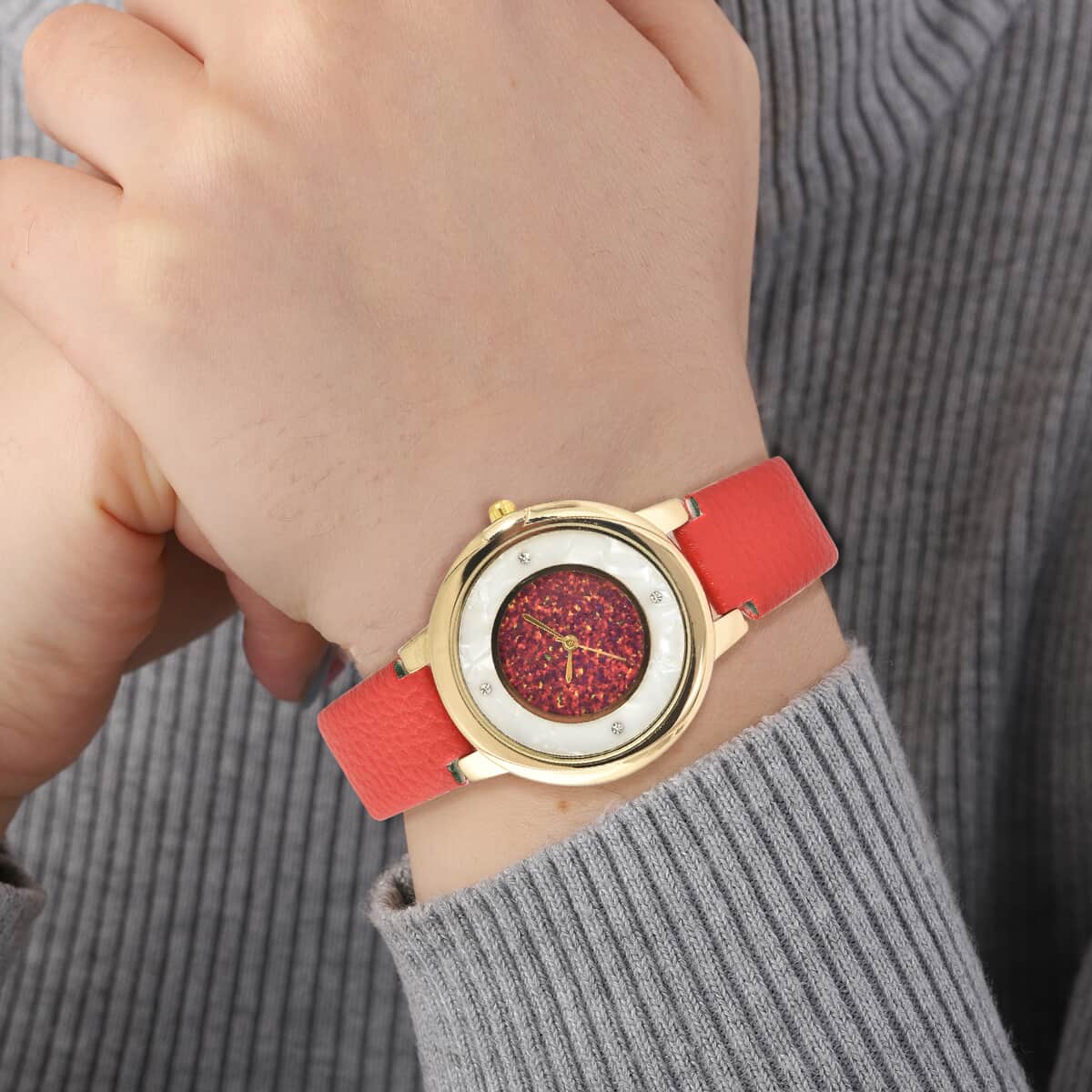 VALENTINE'S SPECIAL GENOA Austrian Crystal Miyota Japanese Movement Watch with Simulated Opal Dial and Red Vegan Leather Strap image number 2
