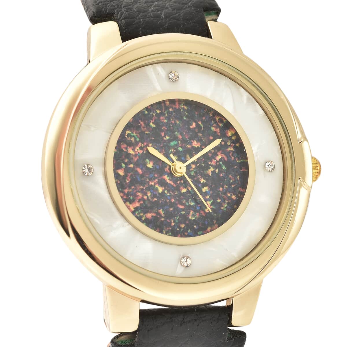 GENOA Austrian Crystal Miyota Japanese Movement Watch with Simulated Opal Dial and Black Vegan Leather Strap image number 3