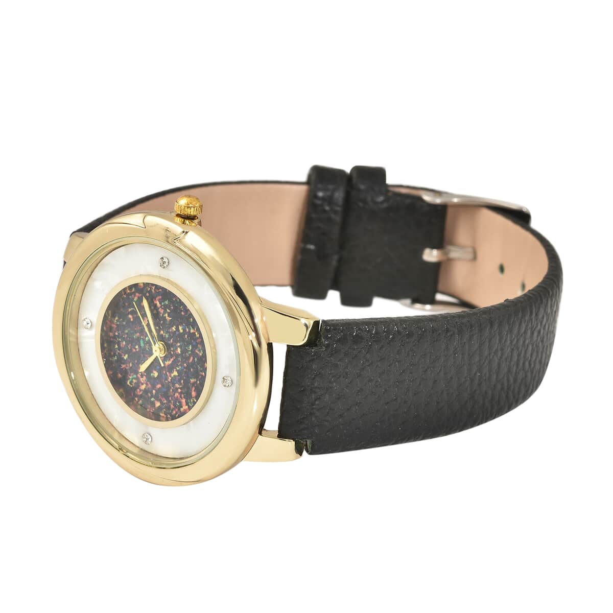 GENOA Austrian Crystal Miyota Japanese Movement Watch with Simulated Opal Dial and Black Vegan Leather Strap image number 4