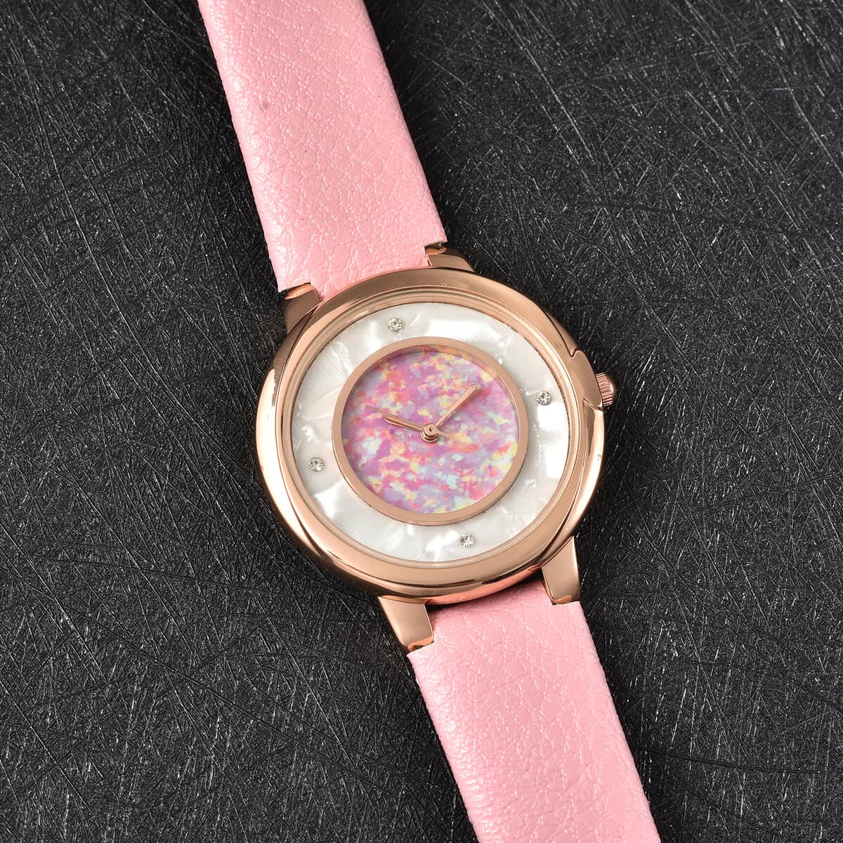 GENOA Austrian Crystal Miyota Japanese Movement Watch with Simulated Opal Dial and Pink Vegan Leather Strap image number 1