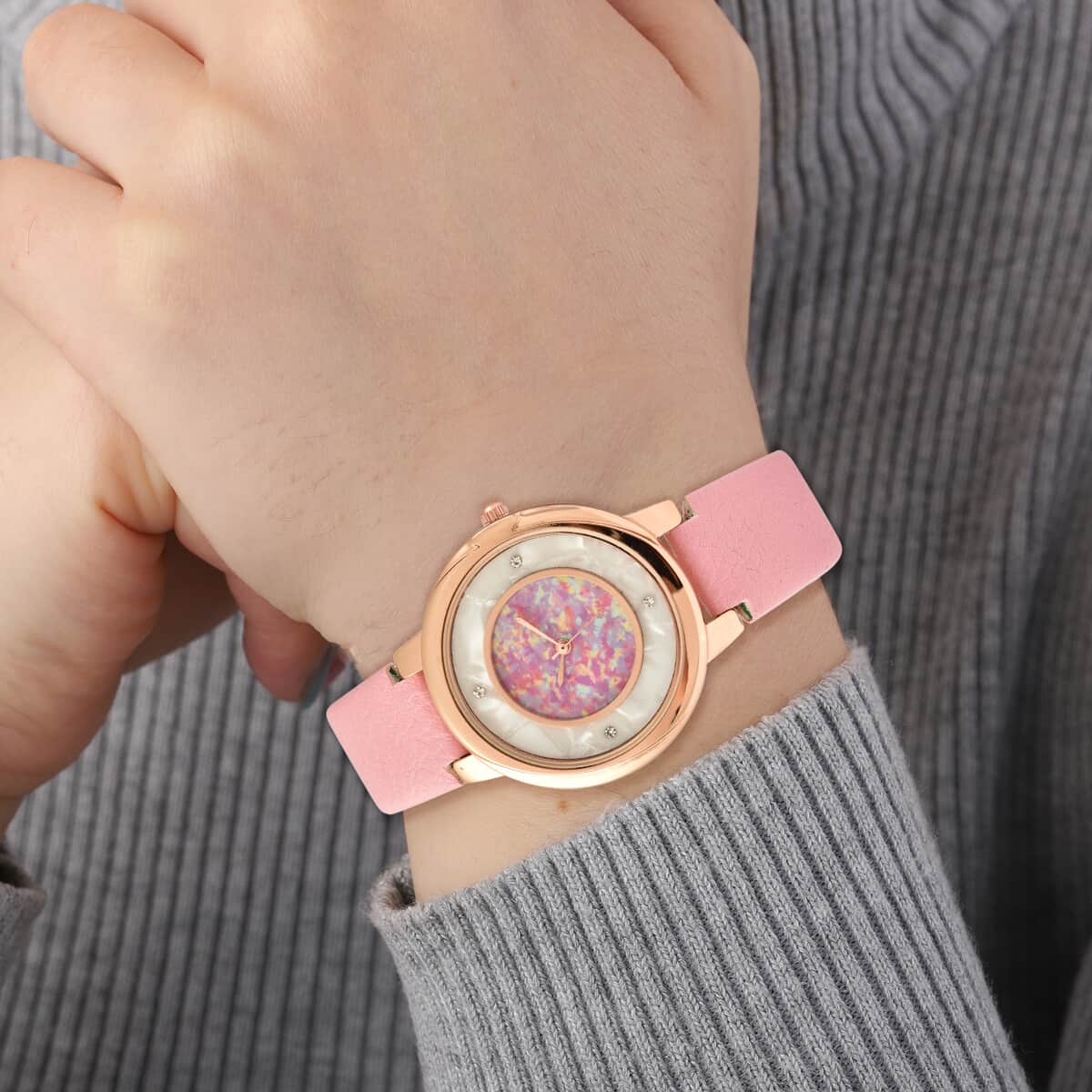 GENOA Austrian Crystal Miyota Japanese Movement Watch with Simulated Opal Dial and Pink Vegan Leather Strap image number 2