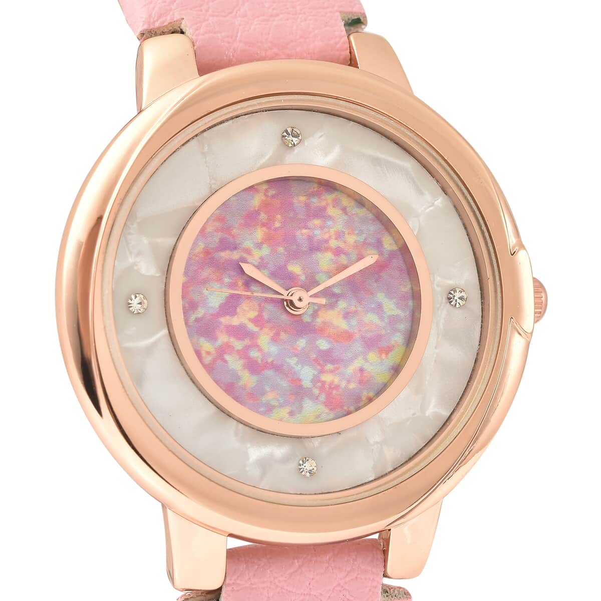 GENOA Austrian Crystal Miyota Japanese Movement Watch with Simulated Opal Dial and Pink Vegan Leather Strap image number 3