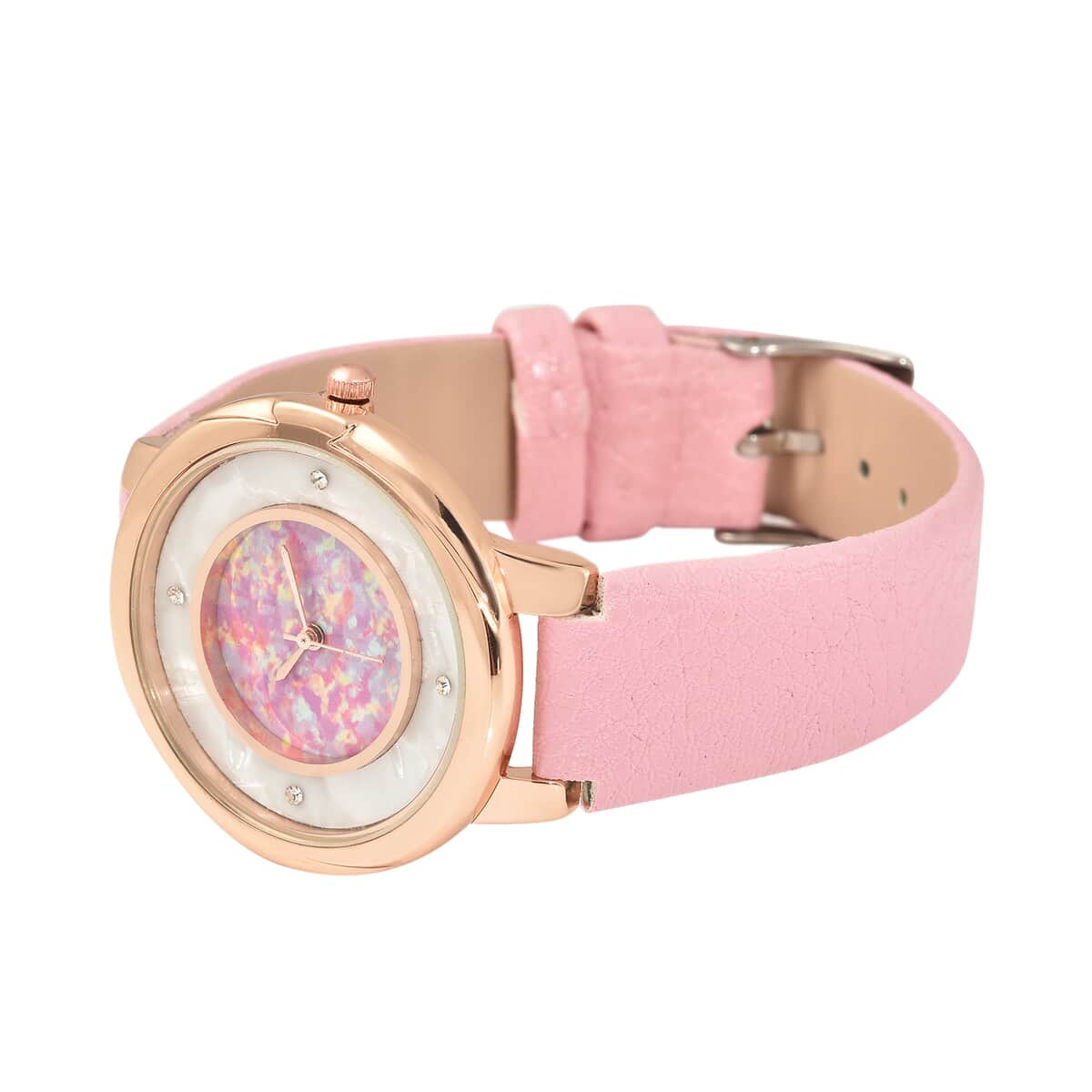 GENOA Austrian Crystal Miyota Japanese Movement Watch with Simulated Opal Dial and Pink Vegan Leather Strap image number 4