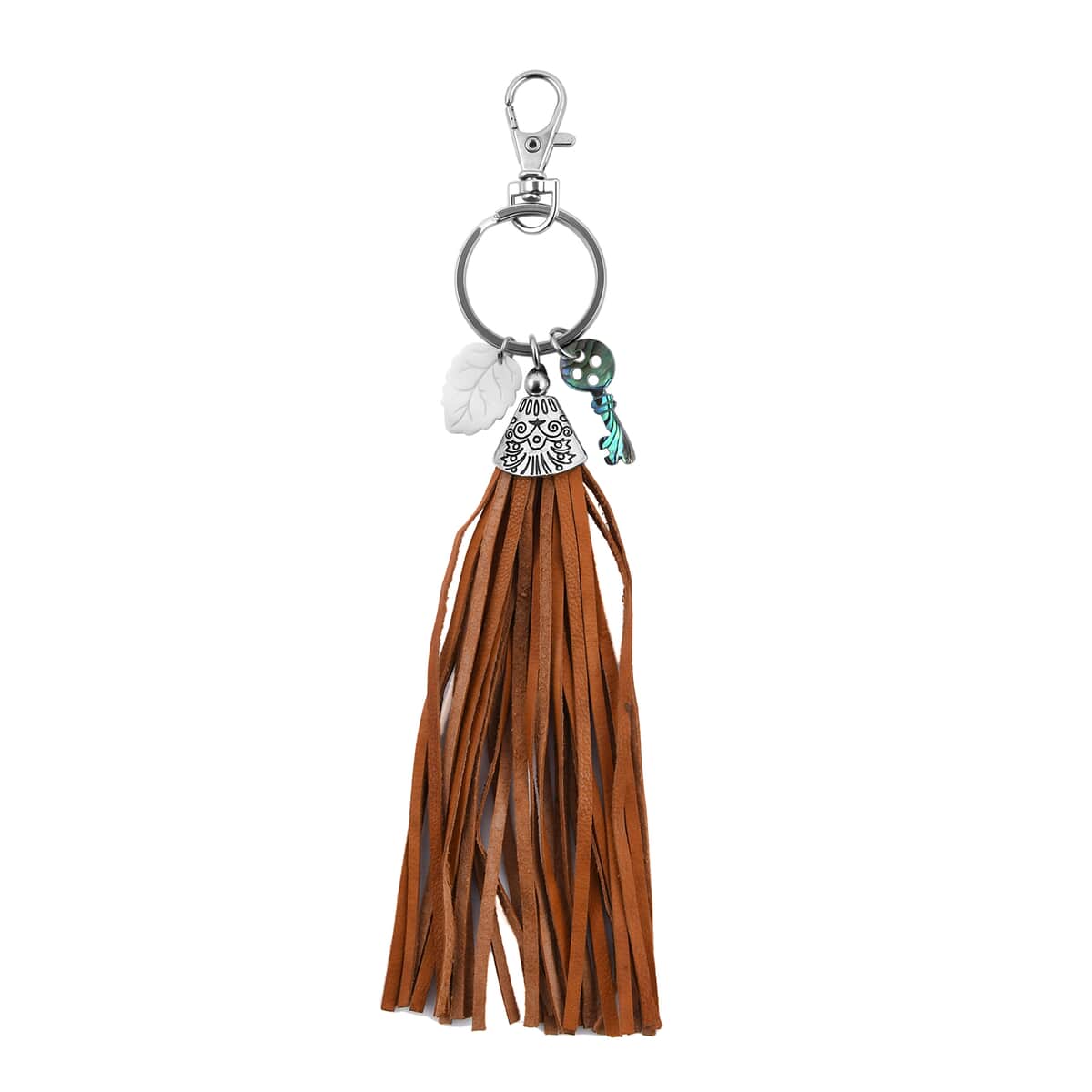 Carved Bone Leaf, Abalone Shell Key and Leather Tassel Charms Keychain in Stainless Steel , Tarnish-Free, Waterproof, Sweat Proof Jewelry image number 0