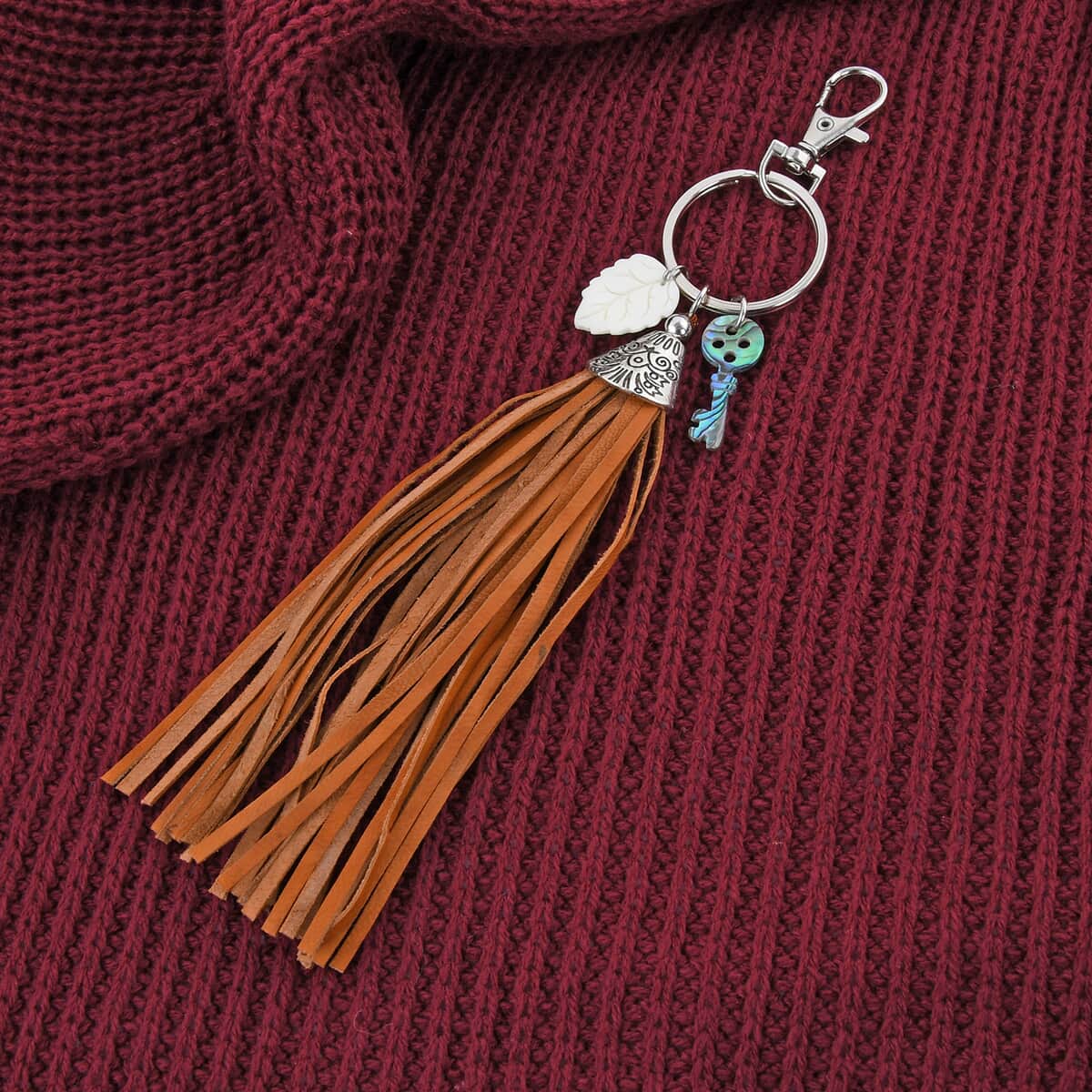 Carved Bone Leaf, Abalone Shell Key and Leather Tassel Charms Keychain in Stainless Steel , Tarnish-Free, Waterproof, Sweat Proof Jewelry image number 1