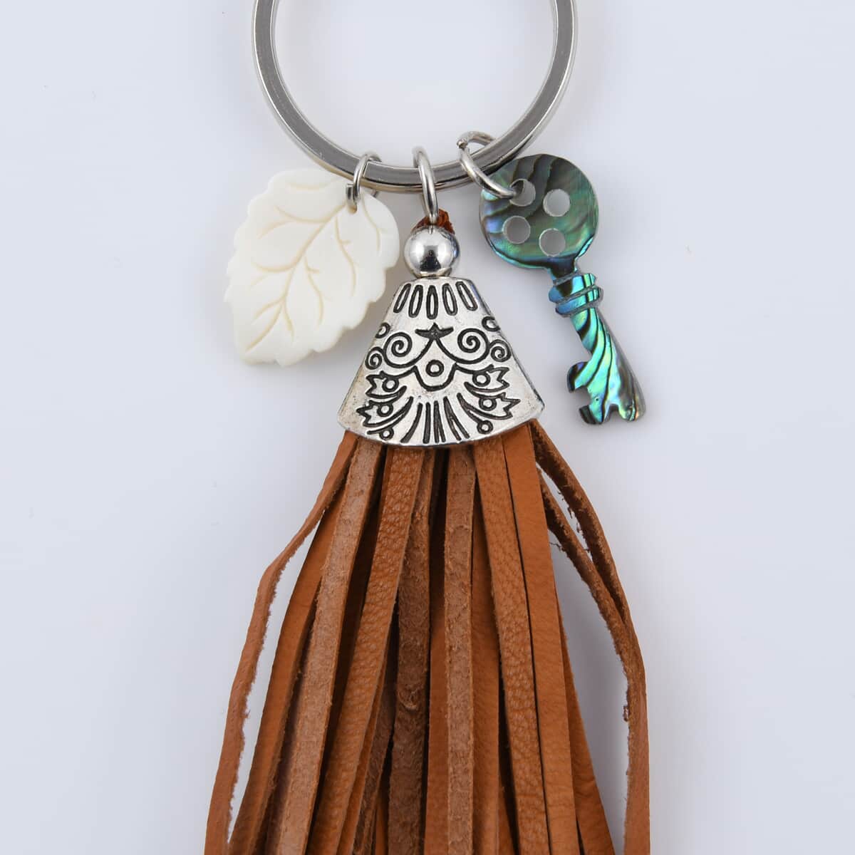 Carved Bone Leaf, Abalone Shell Key and Leather Tassel Charms Keychain in Stainless Steel , Tarnish-Free, Waterproof, Sweat Proof Jewelry image number 2