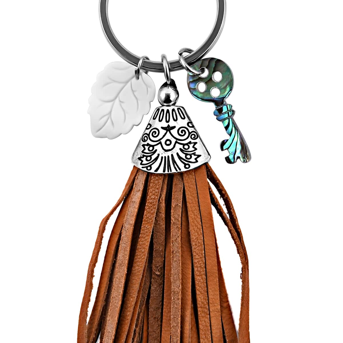 Carved Bone Leaf, Abalone Shell Key and Leather Tassel Charms Keychain in Stainless Steel image number 3
