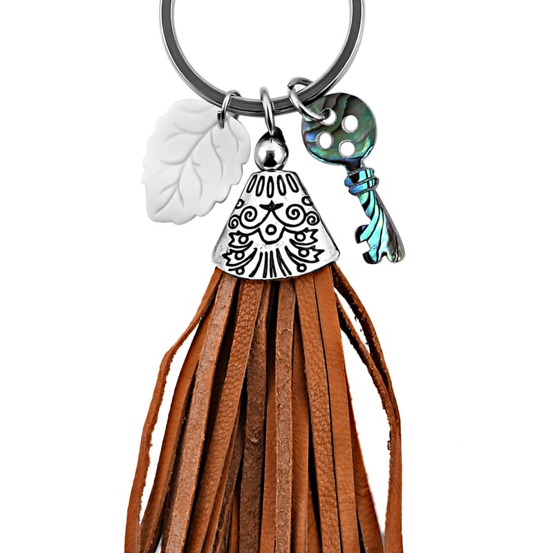 Carved Bone Leaf, Abalone Shell Key and Leather Tassel Charms Keychain in Stainless Steel , Tarnish-Free, Waterproof, Sweat Proof Jewelry