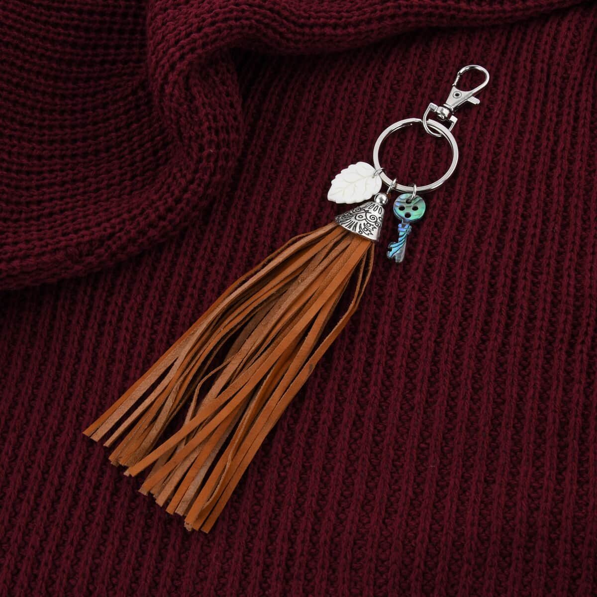 Carved Bone Leaf, Abalone Shell Key and Leather Tassel Charms Keychain in Stainless Steel , Tarnish-Free, Waterproof, Sweat Proof Jewelry image number 4