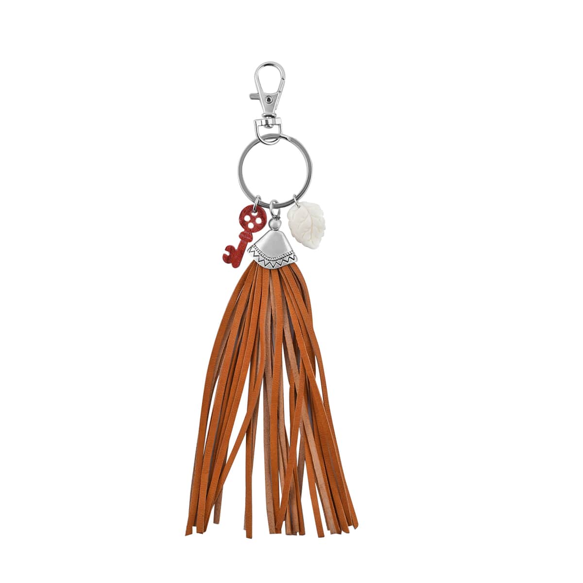 Carved Bone Leaf, Coral Key and Leather Tassel Charms Keychain in Stainless Steel , Tarnish-Free, Waterproof, Sweat Proof Jewelry image number 0