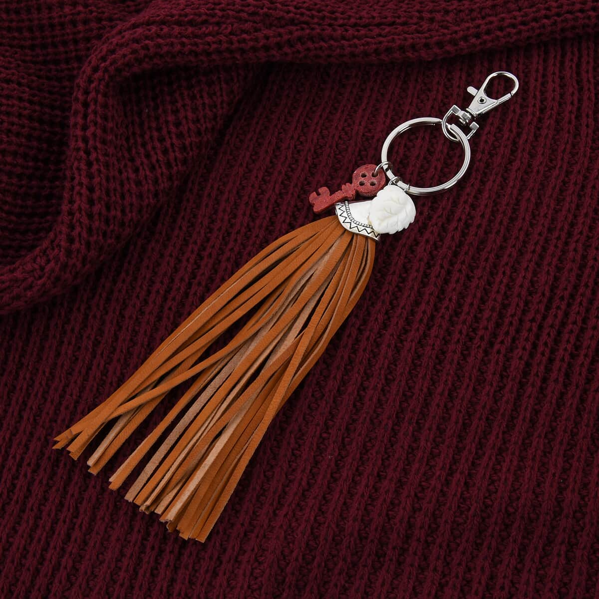 Carved Bone Leaf, Coral Key and Leather Tassel Charms Keychain in Stainless Steel , Tarnish-Free, Waterproof, Sweat Proof Jewelry image number 1