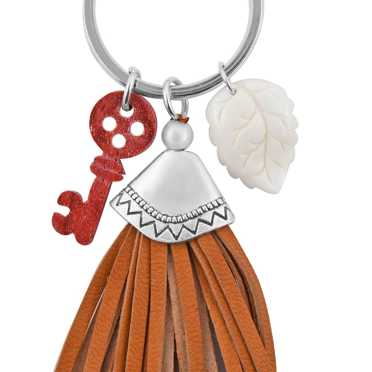 Carved Bone Leaf, Coral Key and Leather Tassel Charms Keychain in Stainless Steel , Tarnish-Free, Waterproof, Sweat Proof Jewelry image number 2