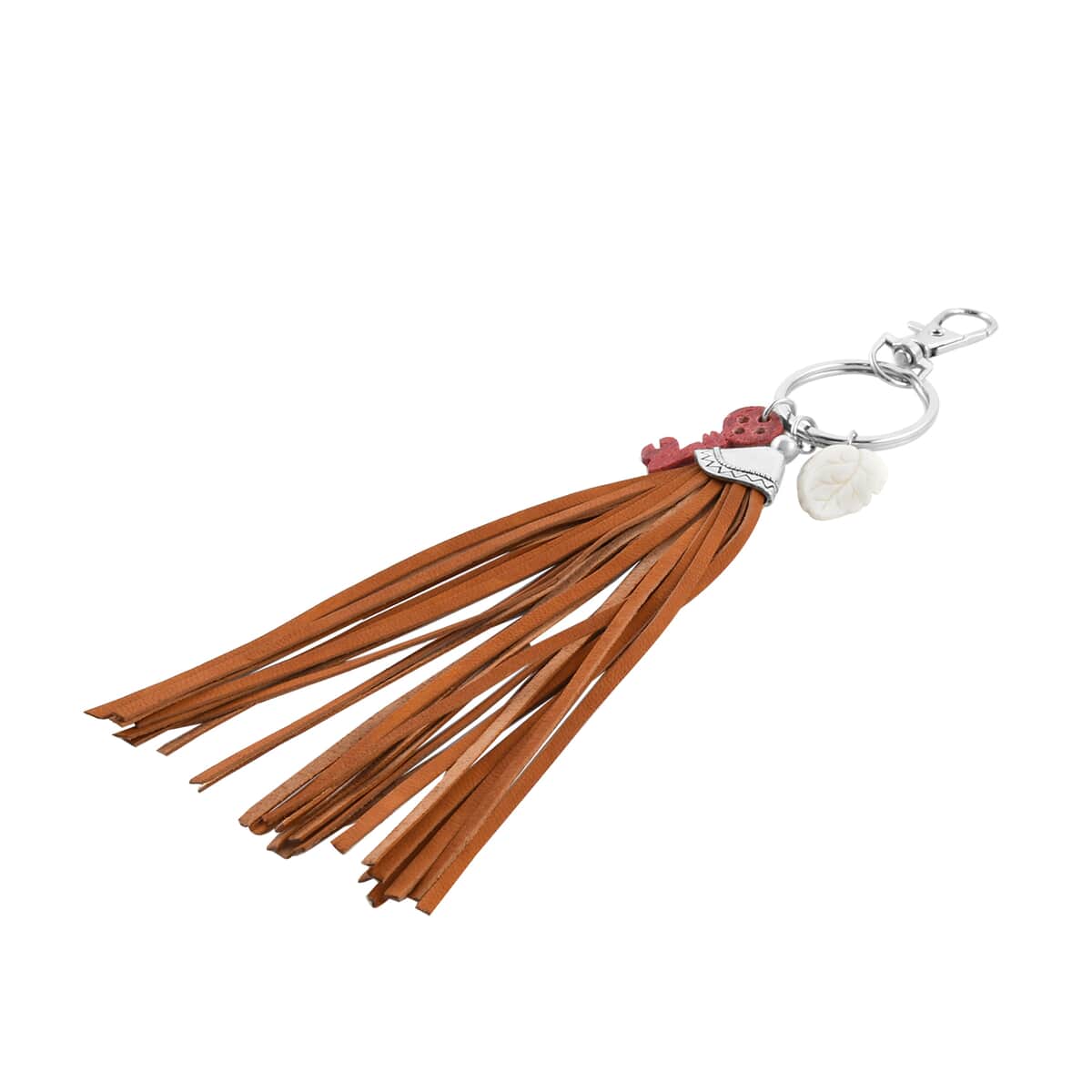 Carved Bone Leaf, Coral Key and Leather Tassel Charms Keychain in Stainless Steel , Tarnish-Free, Waterproof, Sweat Proof Jewelry image number 3