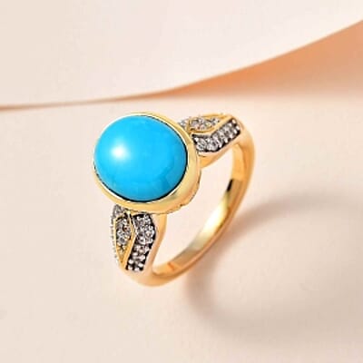 Sleeping Beauty Turquoise and White Zircon 3.62 ctw Ring in Vermeil Yellow Gold Over Sterling Silver (Size 11.5)