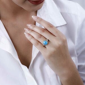 Sleeping Beauty Turquoise and White Zircon 3.62 ctw Ring in Vermeil Yellow Gold Over Sterling Silver (Size 11.5)