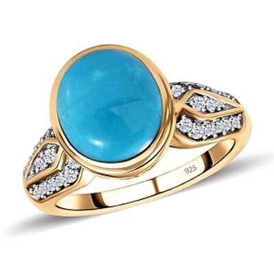 Sleeping Beauty Turquoise and White Zircon 3.62 ctw Ring in Vermeil Yellow Gold Over Sterling Silver (Size 11.5)