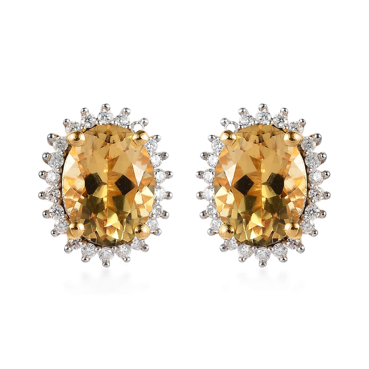 Premium Brazilian Heliodor, Moissanite Halo Stud Earrings in Vermeil Yellow Gold Over Sterling Silver 2.50 ctw image number 0