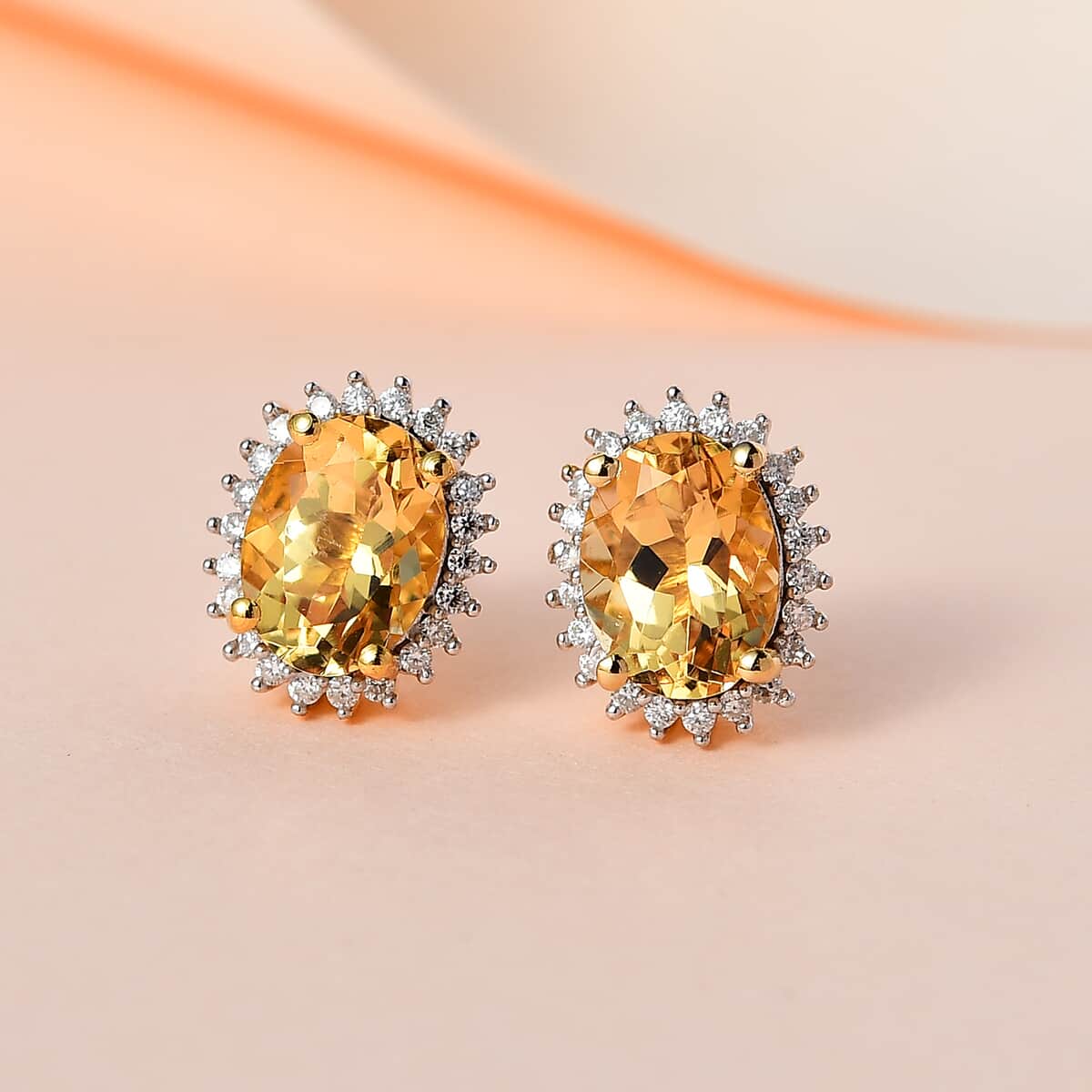 Premium Brazilian Heliodor, Moissanite Halo Stud Earrings in Vermeil Yellow Gold Over Sterling Silver 2.50 ctw image number 1